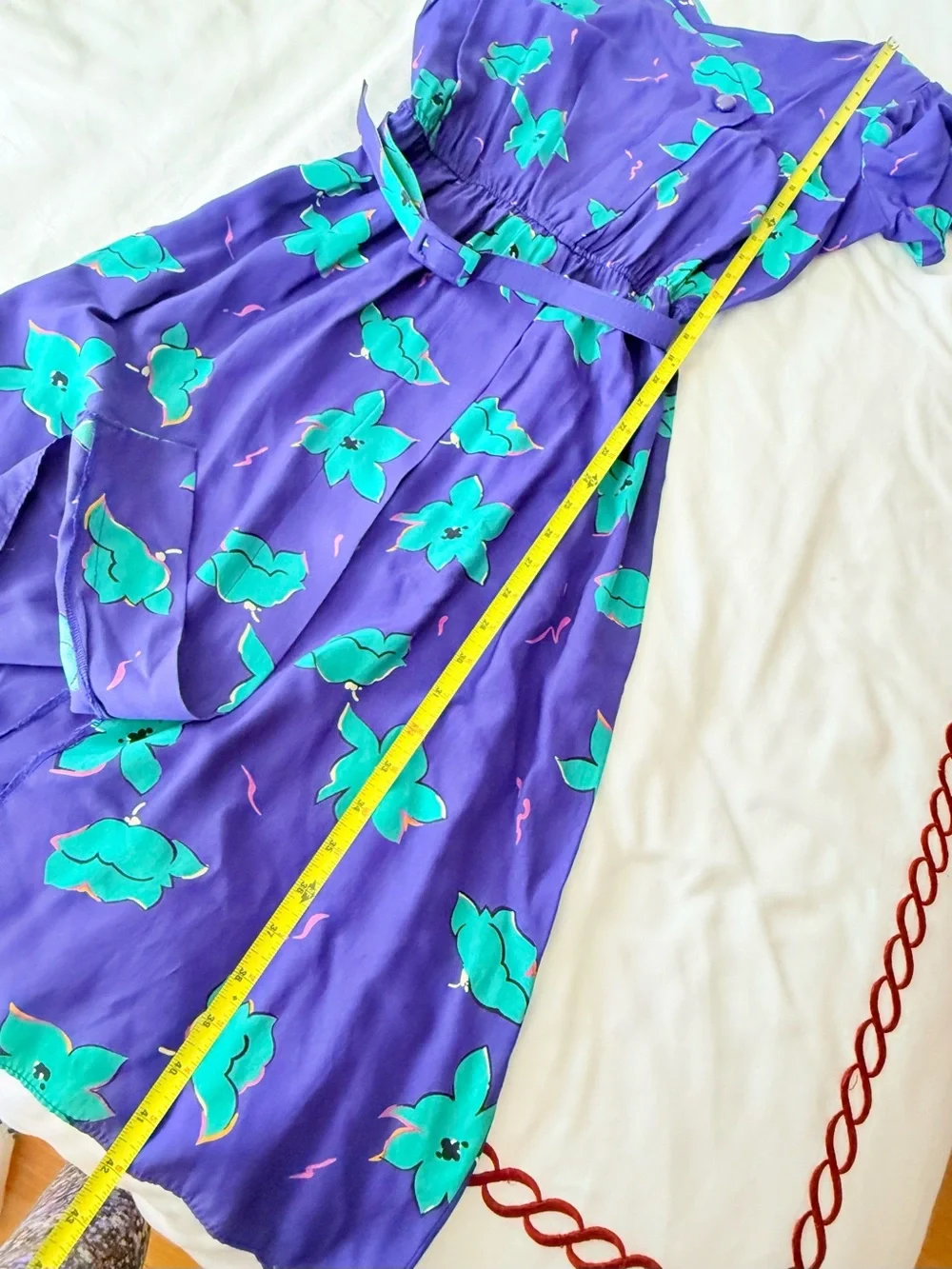 Vintage 1980s Purple Dress with Flutter Sleeves and Teal Floral Print - Picture 3 of 8